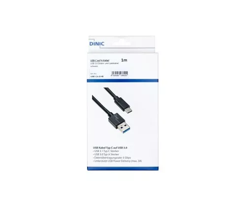 Cabo USB 3.1 tipo C - ficha 3.0 A, 5Gbps, carregamento 2A, preto, 3,00m, Dinic Box